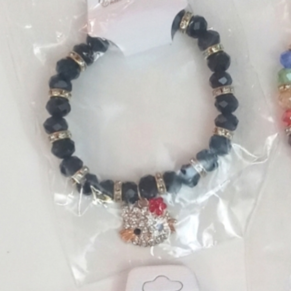 NEW Hello Kitty Charm Bracelet Colorful Crystal Beads CZ kitty head Strechy NWT